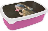 Broodtrommel Roze - Lunchbox - Brooddoos - Meisje met de parel - Johannes Vermeer - Lolly - 18x12x6 cm - Kinderen - Meisje