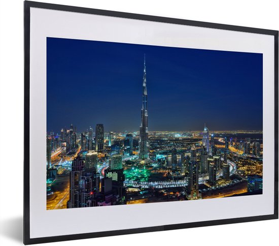 Fotolijst incl. Poster - Dubai en de Burj Khalifa verlicht in de avond - 40x30 cm - Posterlijst