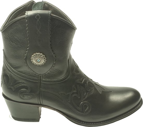 Sendra Boots 14399 Debora Zwart Handgemaakte Dames Cowboy Ibiza Enkelaars Ronde Neus Beetje Schuine Hak Ritssluiting Western Versiering Echt Leer Maat 40