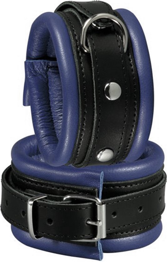 Leren handboeien 5 cm breed gevoerd - zwart/blauw