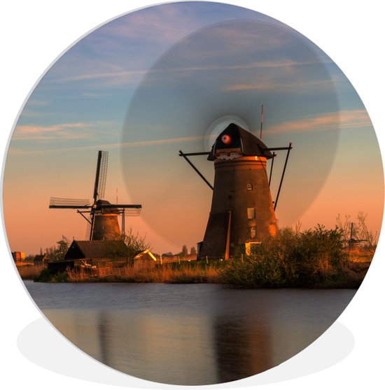 WallCircle - Wandcirkel ⌀ 30 - Draaiende windmolen bij zonsondergang in Kinderkijk - Ronde schilderijen woonkamer - Wandbord rond - Muurdecoratie cirkel - Kamer decoratie binnen - Wanddecoratie muurcirkel - Woonaccessoires