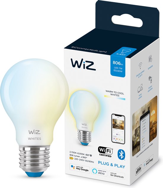WiZ Ampoule verre dépoli 60W A60 E27, Ampoule intelligente, Blanc, Wi-Fi/Bluetooth, E27, Blanc, 2700 K