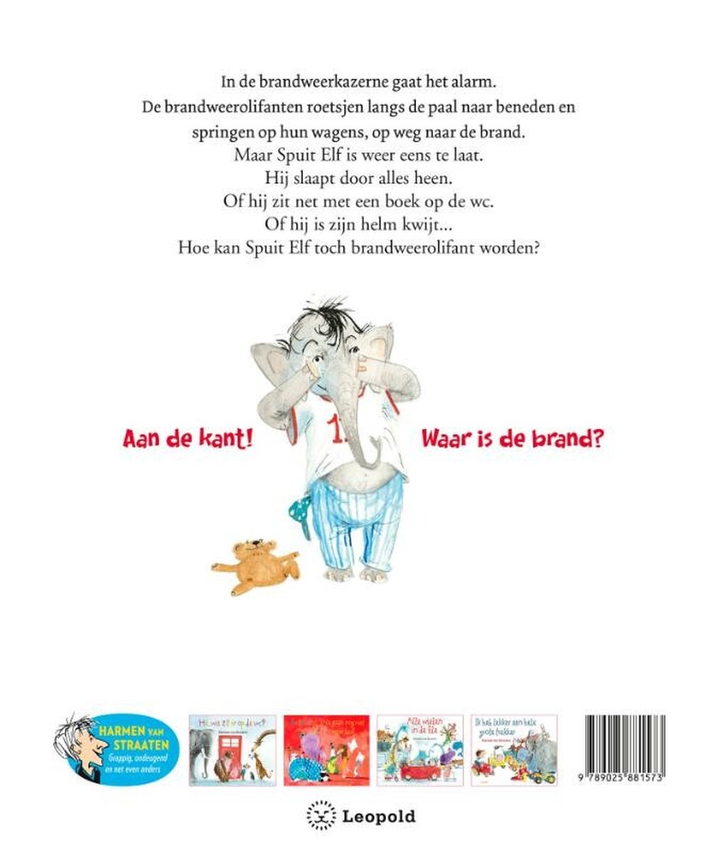 Achterkant kinderboek 'Spuit Elf wordt brandweerolifant' met illustratie van een olifant die zijn helm opzet.
