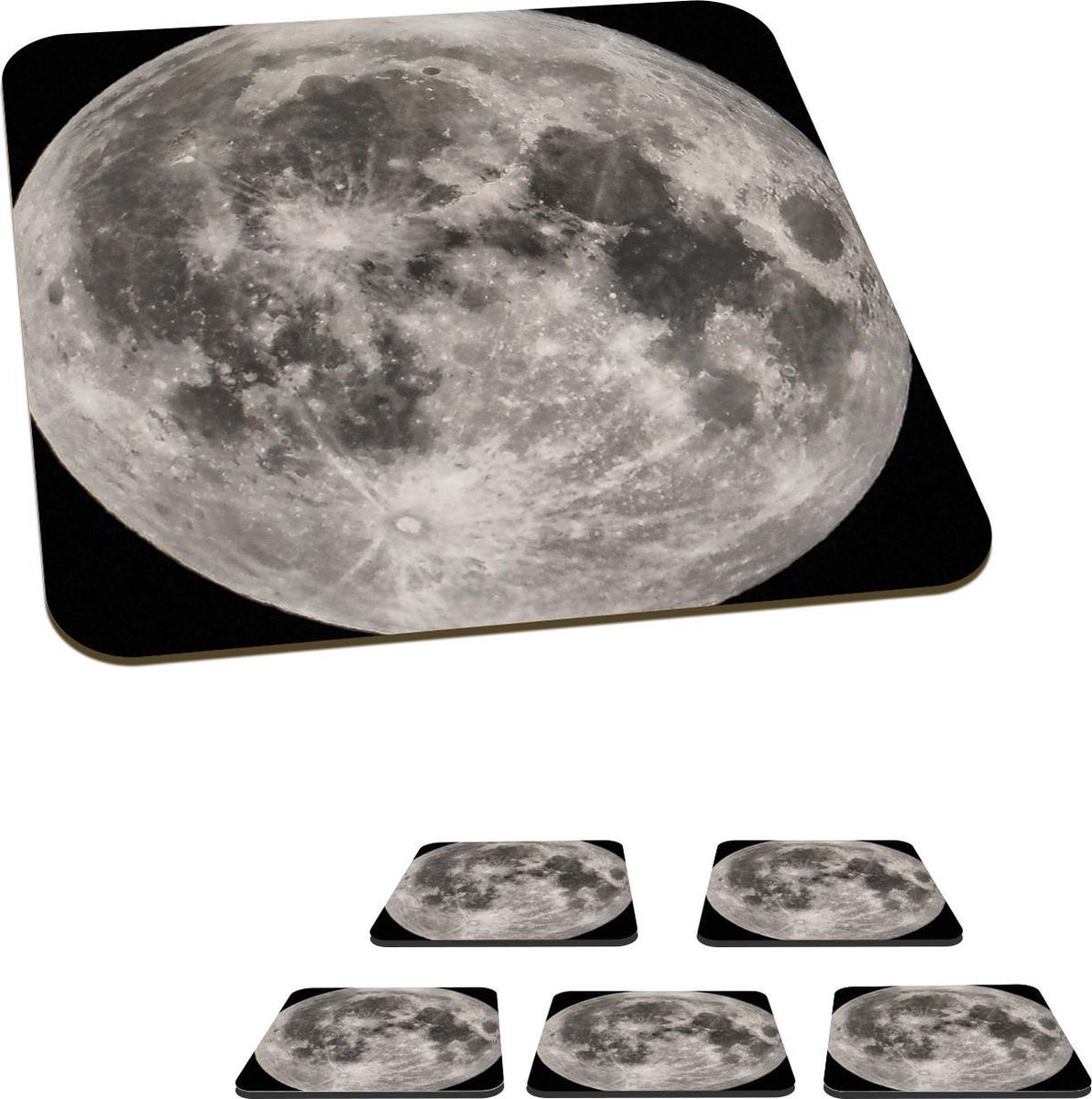 Onderzetters voor glazen - Maan - Ruimte - Zwart - Wit - 10x10 cm - Glasonderzetters - 6 stuks