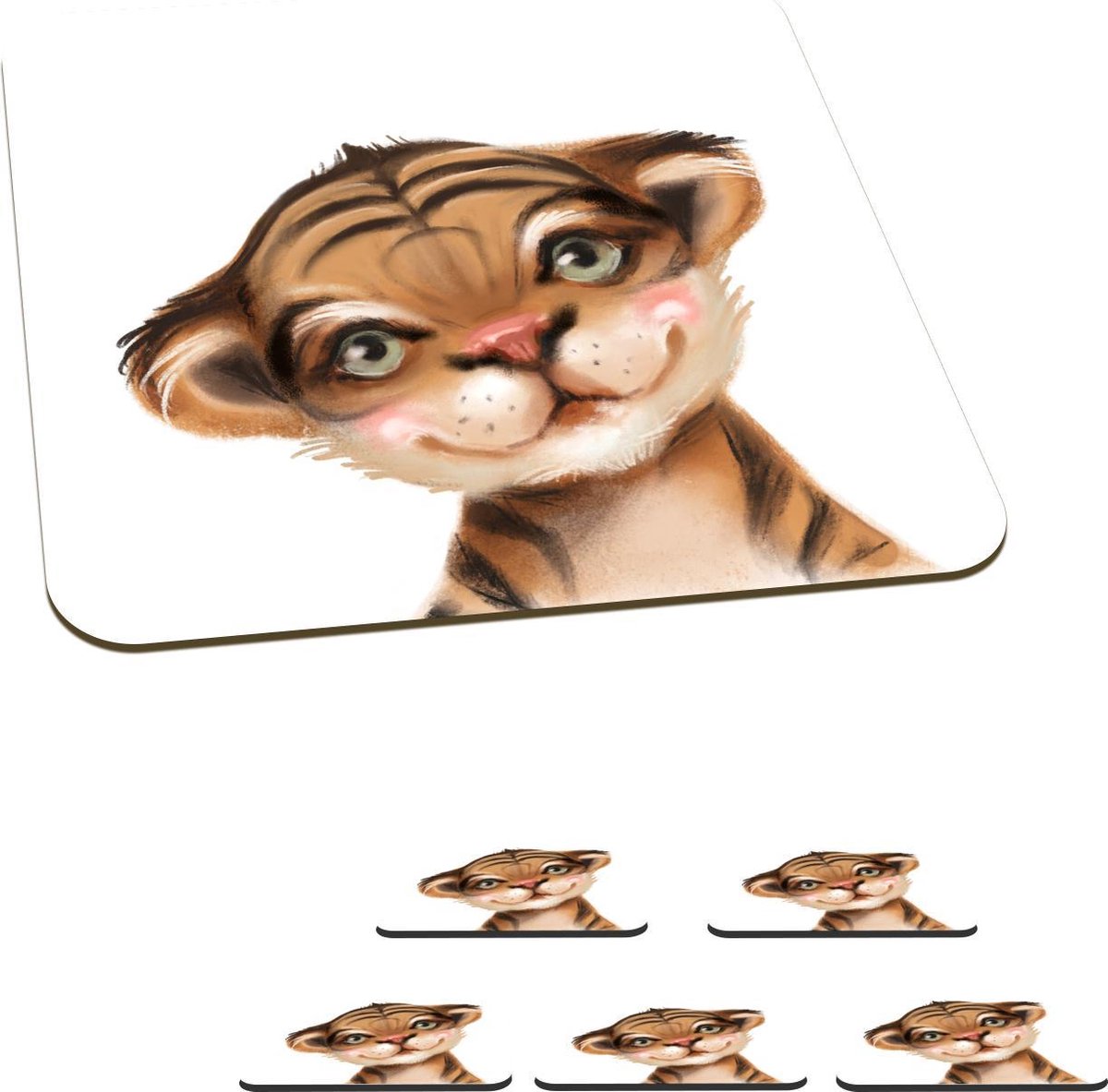 Onderzetters voor glazen - Tijger - Kinderen - Wit - 10x10 cm - Glasonderzetters - 6 stuks