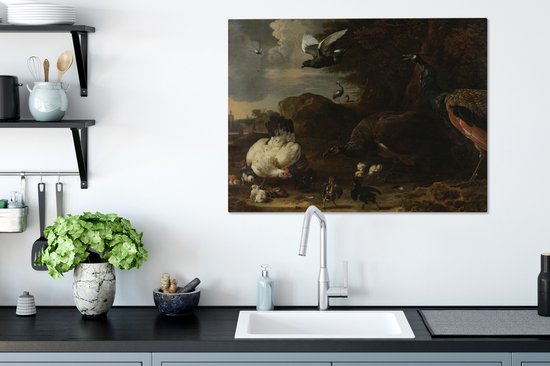Une poule avec des poussins menacés par deux paons - Peinture de Melchior d'Hondecoeter sur toile 80x60 cm - Tirage photo sur toile (Décoration murale salon / chambre)