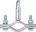 Zilverkleurige metalen trekhaakklem met rechte schacht en twee bouten.