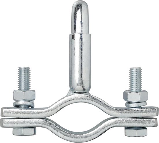 Zilverkleurige metalen trekhaakklem met rechte schacht en twee bouten.