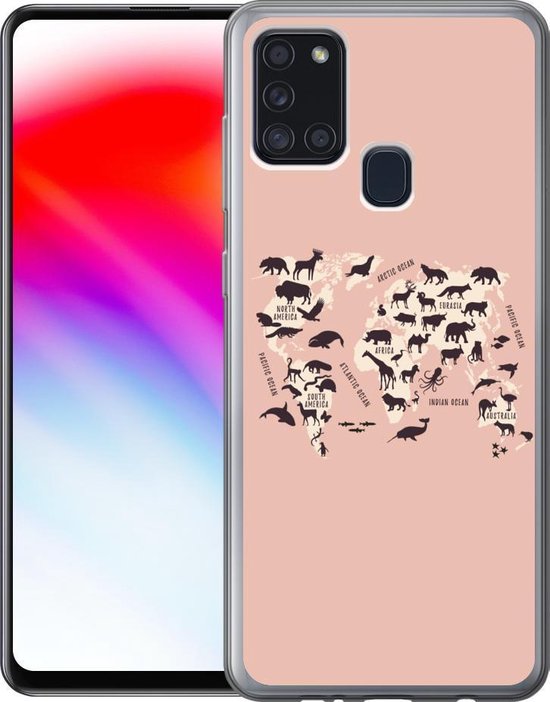 Coque Samsung Galaxy A21s - Carte du Wereldkaart - Animaux - Silhouette - Siliconen