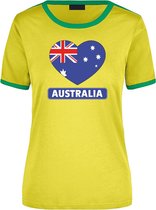 Australia geel/groen ringer t-shirt Australie vlag in hart  - dames - landen shirt - Australiaanse fan / supporter kleding S