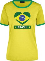 Brasil geel/groen ringer t-shirt Brazilie vlag in hart - dames - landen shirt - Braziliaanse fan / supporter kleding XL