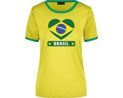 Brasil geel/groen ringer t-shirt Brazilie vlag in hart - dames - landen shirt - Braziliaanse fan / supporter kleding XL