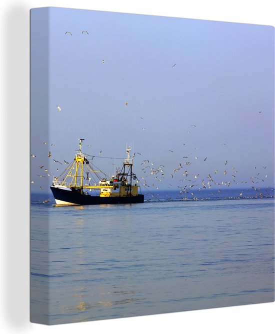 Canvas Schilderij Noordzee - Vissersboot - Vogel - 90x90 cm - Wanddecoratie