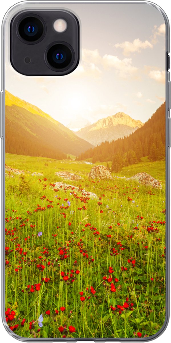 Telefoonhoesje Geschikt voor iPhone 13 hoesje - Bloemen - Berg - Zon - Siliconen Telefoonhoesje Telefoonhoesje