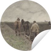 Tuincirkel Ploegende boer - Schilderij van Anton Mauve - 120x120 cm - Ronde Tuinposter - Buiten XXL / Groot formaat!