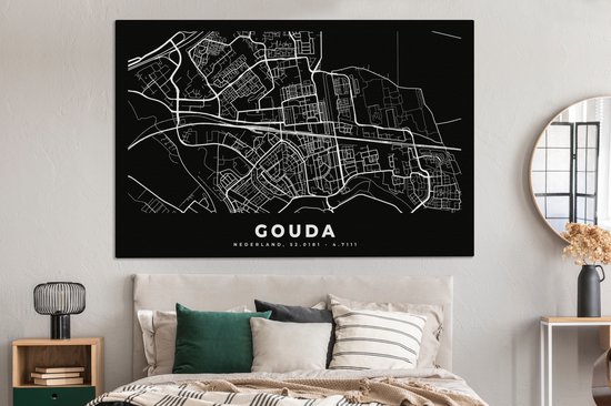 Toile Peinture Carte - Gouda - Zwart - 180x120 cm - Décoration murale XXL