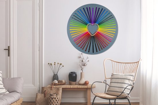 WallCircle - Wall Circle - Wall Circle Indoor - Coeur - Crayons - Arc-en-ciel - Abstrait - 120x120 cm - Décoration murale - Peintures Ronds XXL