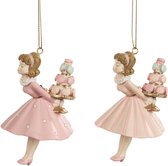 Viv! Christmas Kerstornament - meisjes met macaron kus - set van 2 - roze - 9cm