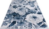 Soft short pile Tapijt Peony in floral Design - Blauw Crème