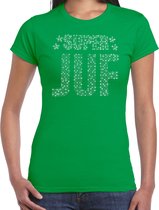 Glitter Super Juf t-shirt groen met steentjes/ rhinestones voor dames - Lerares cadeau shirts - Glitter kleding/foute party outfit L