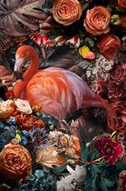 Glasschilderij - Flamingo tussen bloemen - 80x120 cm - Wanddecoratie