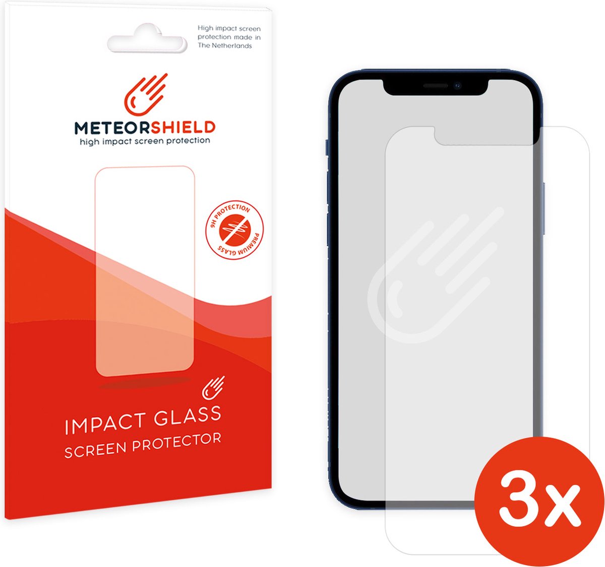 3 stuks: Meteorshield iPhone 12 Pro screenprotector - Ultra clear impact glass