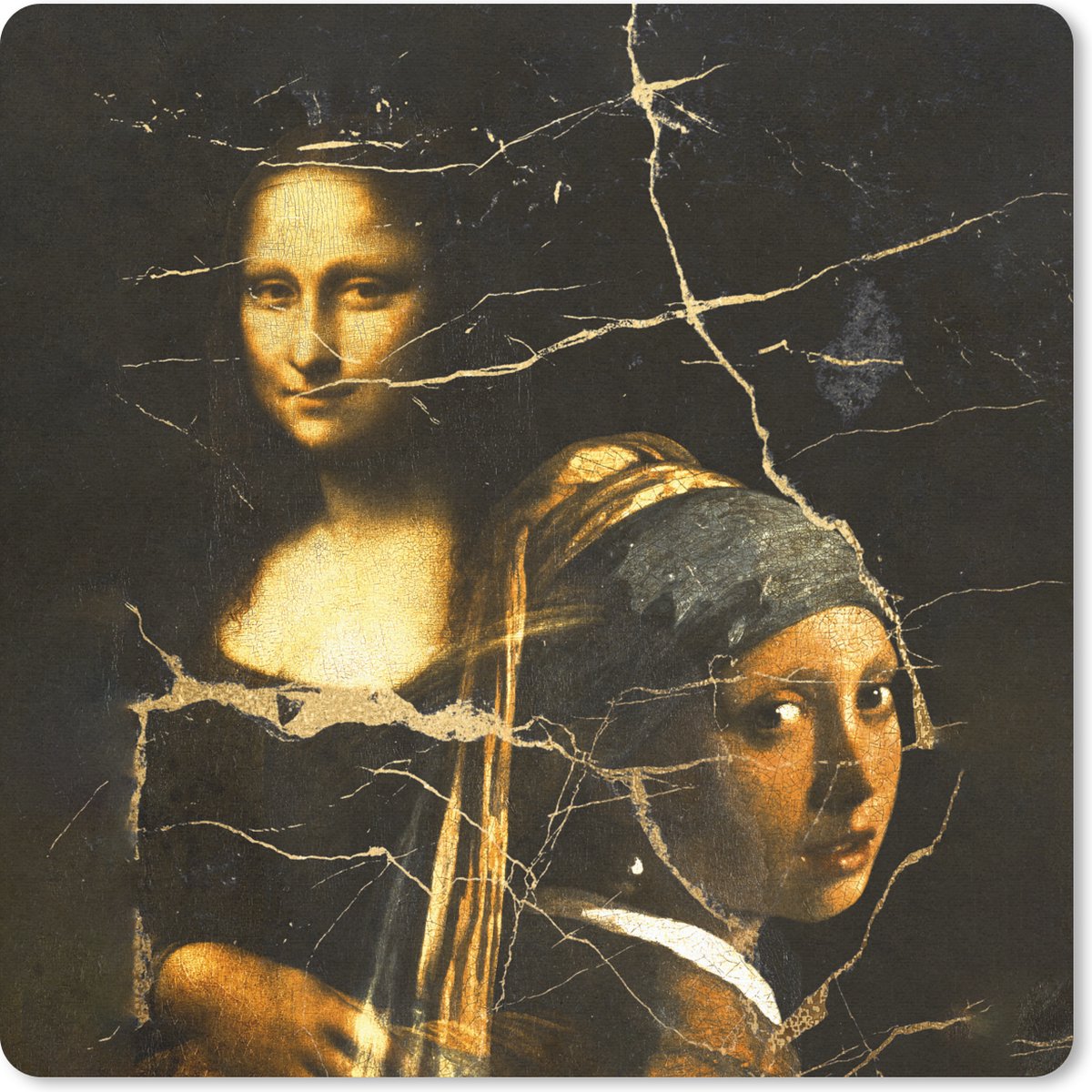 Muismat 20x20 cm - Mousepad Meisje met de parel - Mona Lisa - Collage - Muismatten
