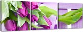 Trend24 - Canvas Schilderij - Paarse Tulpen In Een Boeket - Schilderijen - Bloemen - 90x30x2 cm - Roze