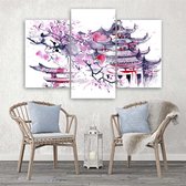 Trend24 - Canvas Schilderij - Pagode En Kersenbloesem - Drieluik - Oosters - 90x60x2 cm - Roze