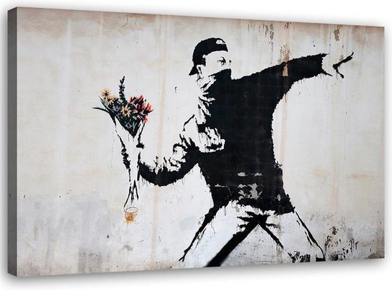 Trend24 - Canvas Schilderij - Straatmilitant Banksy Street Art - Schilderijen - Reproducties - 120x80x2 cm - Zwart