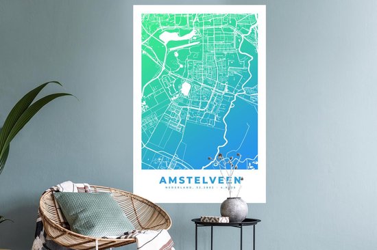 Stickers muraux - Plan de la ville - Amstelveen - Blauw - 60x90 cm - Feuille adhésive - Carte