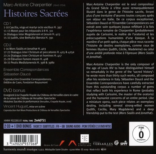 Boek met cd's en dvd van Histoires Sacrées, Marc-Antoine Charpentier, Ensemble Correspondances, Sébastien Daucé.