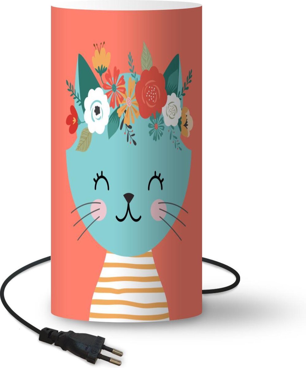 Lamp - Nachtlampje - Tafellamp slaapkamer - Kat - Bloemen - Roze - 54 cm hoog - Ø24.8 cm - Inclusief LED lamp