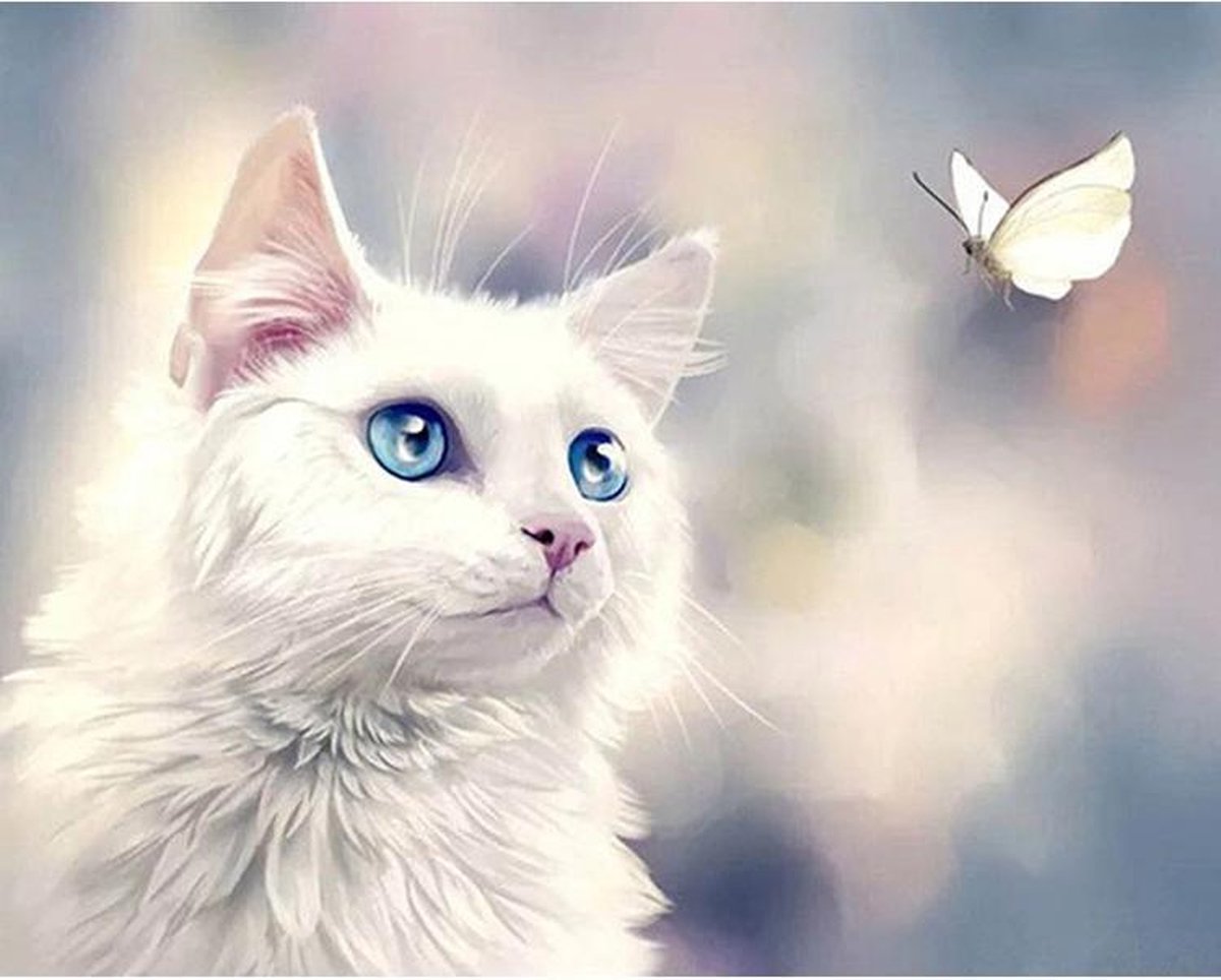 Diamond Painting World - Witte kitten met vlinder - 30x40cm - Diamond painting - Diamond painting pakket - volledig bedekt - Volwassenen