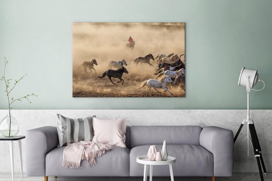 Chevaux mongols au galop en Mongolie 120x80 cm - Tirage photo sur toile (Décoration murale salon / chambre)
