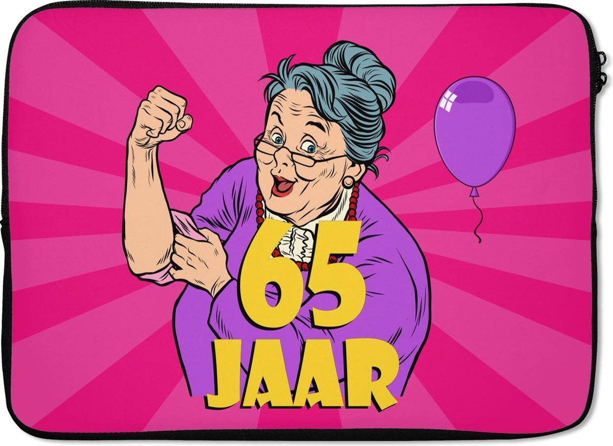 Laptophoes 14 inch - Vrouw - Jubileum - 65 Jaar - Laptop sleeve - Binnenmaat 33x23 cm - Zwarte achterkant