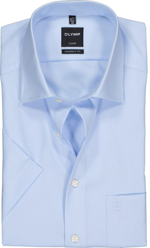 OLYMP Luxor modern fit overhemd - korte mouw - lichtblauw - Strijkvrij - Boordmaat: 46