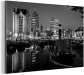 Wanddecoratie Metaal - Aluminium Schilderij Industrieel - De Oudehaven van Rotterdam tijdens de nacht - zwart wit - 90x60 cm - Dibond - Foto op aluminium - Industriële muurdecoratie - Voor de woonkamer/slaapkamer