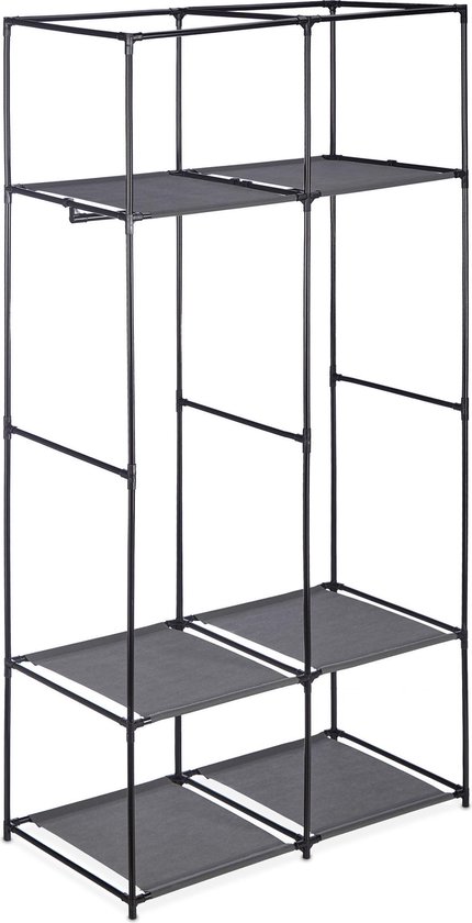 Zwart metalen frame van een opvouwbare stoffen kledingkast met zes open vakken.
