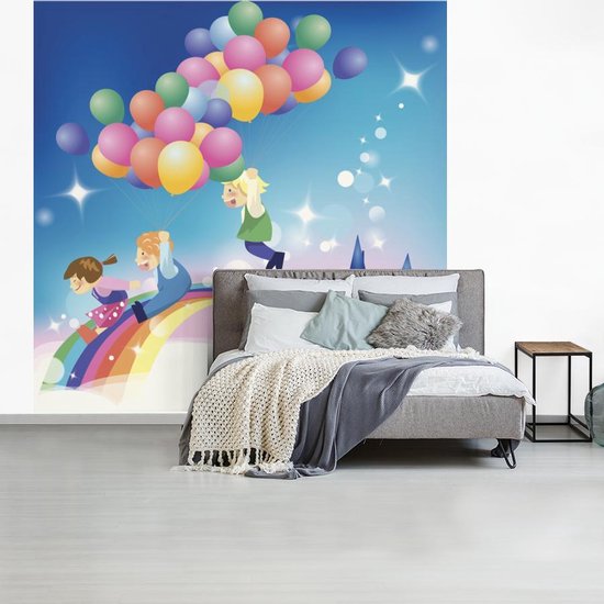 Papier peint photo vinyle - Une illustration d'une fille avec des ballons aux couleurs de l'arc-en-ciel largeur 350 cm x hauteur 350 cm - Tirage photo sur papier peint (disponible en 7 tailles)