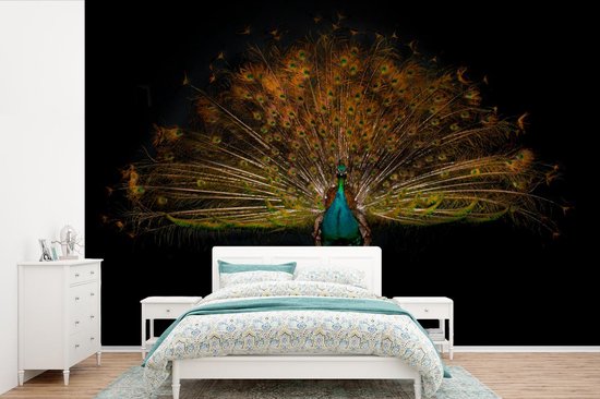 Papier peint photo vinyle - Paon bleu dans l'obscurité largeur 600 cm x hauteur 400 cm - Tirage photo sur papier peint (disponible en 7 tailles)