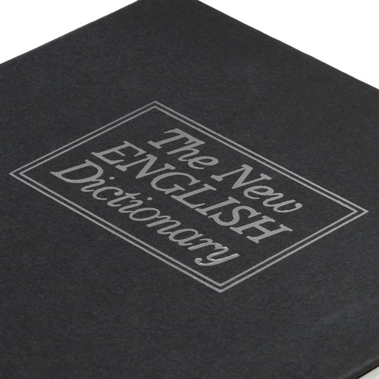 Zwarte boekkluis met zilverkleurige opdruk 'The New English Dictionary'.