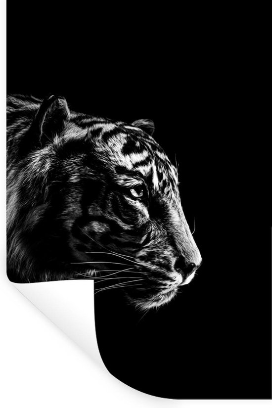 Muurstickers - Sticker Folie - Kop van een tijger op een zwarte achtergrond - zwart wit - 60x90 cm - Plakfolie - Muurstickers Kinderkamer - Zelfklevend Behang - Zelfklevend behangpapier - Stickerfolie