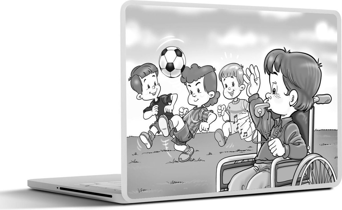 Afbeelding van product SleevesAndCases  Laptop sticker - 13.3 inch - Kinderillustratie van voetballende kinderen en kind in rolstoel - zwart wit