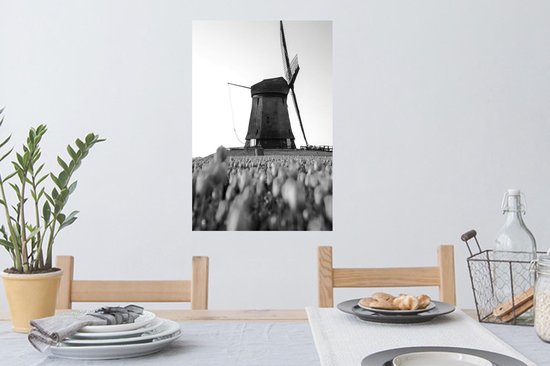 Stickers muraux - Film autocollant - Un moulin à vent avec des tulipes - noir et blanc - 40x60 cm - Film adhésif - Stickers muraux Chambre d'enfant - Papier peint autocollant