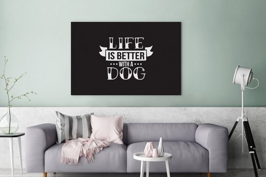 Citation La Life est meilleure avec un chien noir décoration murale toile 2cm 120x80 cm - Tirage photo sur toile (Décoration murale salon / chambre)