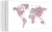 Wanddecoratie Wereldkaart - Roze - Marmer - Canvas - 80x40 cm
