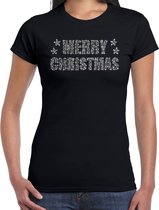 Glitter kerst t-shirt zwart Merry Christmas glitter steentjes/ rhinestones   voor dames - Glitter kerst shirt/ outfit S
