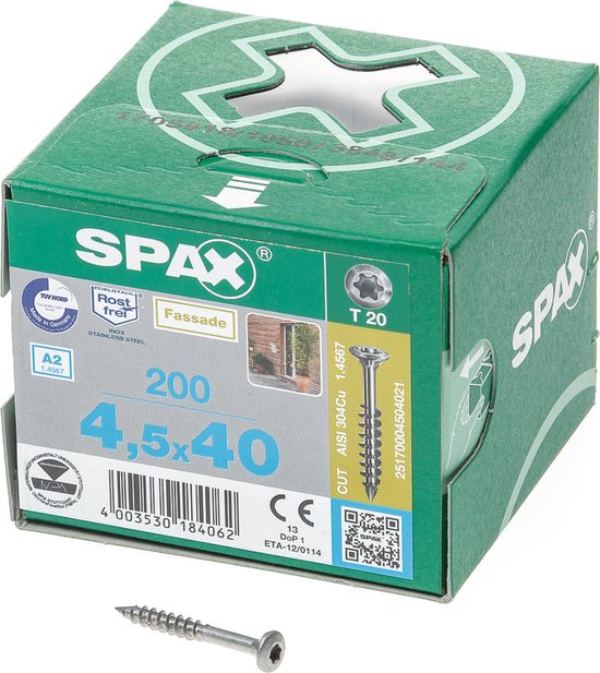Groene SPAX doos met 200 stuks roestvrijstalen gevelschroeven 4,5x40mm en één schroef op de voorgrond.