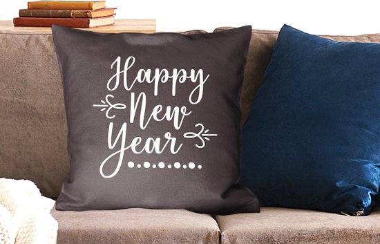 Sierkussen décoratif Citations du Nouvel An pour l'intérieur - Citation du Nouvel An ``Happy année '' - décoration murale noir - 60x60 cm - coussin intérieur carré en coton